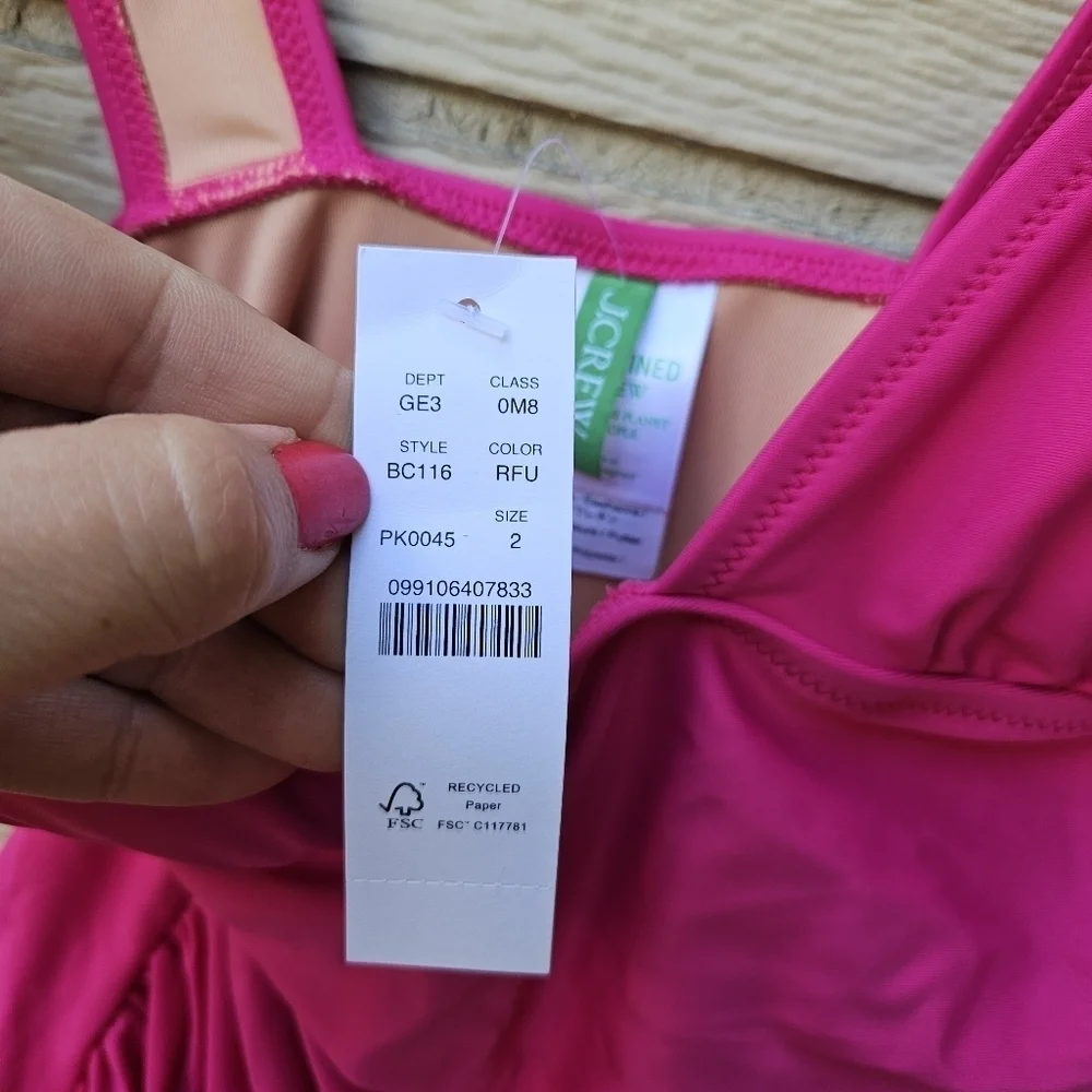 NWT J. Crew hot pink ruched v-neck one piece swimsuit size 2